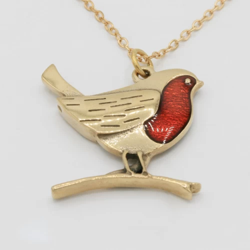 A product image for the product Bronze Robin Necklace with Red Enamel.