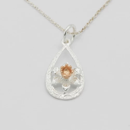 A product image for the product Sterling Silver & Rose Gold Daffodil Teardrop Necklace.