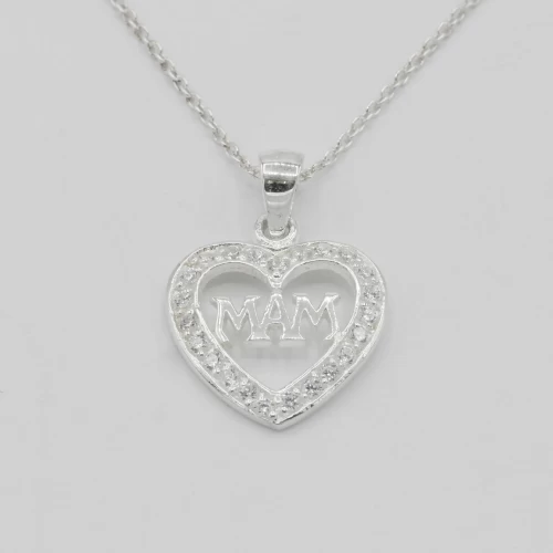 A product image for the product Sterling Silver Diamante Mam Heart Necklace.