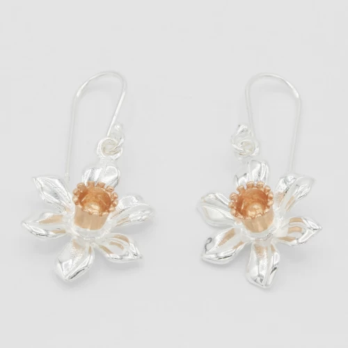 A product image for the product Sterling Silver and Rose Gold Daffodil Drop Earrings (Large).