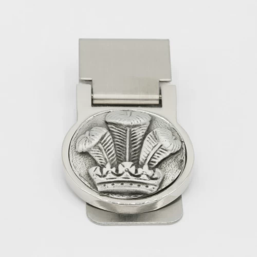 A product image for the product Stainless Steel and Pewter Three Feathers Money Clip.