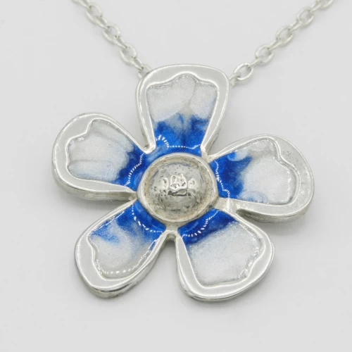 A product image for the product Pewter & Enamel Flower Necklace (Blue and White).