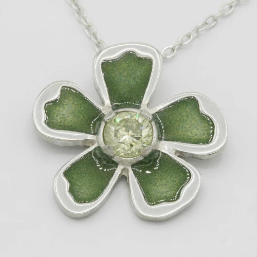 A product image for the product Pewter & Enamel Flower Necklace (Green Gemstone).