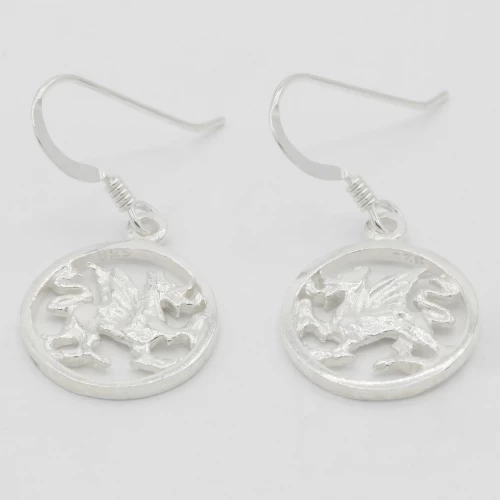 A product image for the product Sterling Silver Welsh Dragon Circle Drop Earrings.