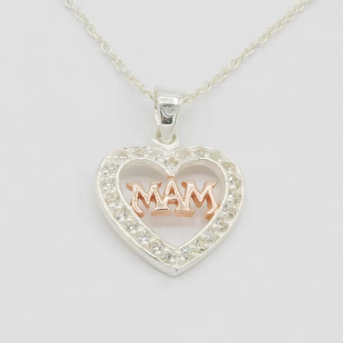 A product image for the product Sterling Silver & Rose Gold Diamante Mam Heart Necklace.