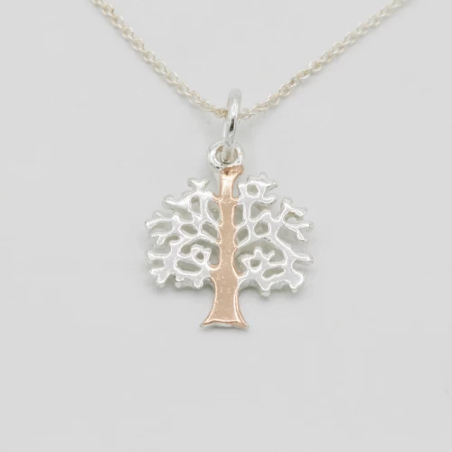 A product image for the product Sterling Silver & Rose Gold Tree of Life Necklace (Small).